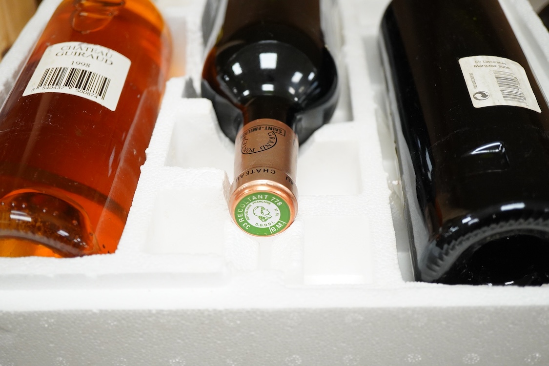 Six bottles of mixed wines, including a bottle of Margaux, Chateau-Lascombes grand cru 2000, a bottle of Larrivet Haut Brion, 2010, two bottles of Chateau Carbonnieux grand cru 2005, a bottle Chateau Grand- Pontet grand